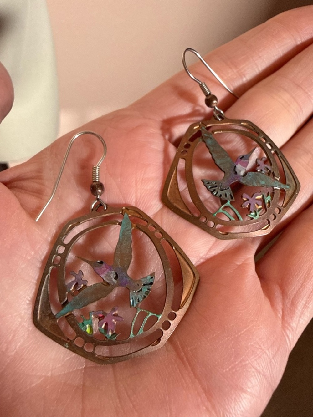 Artisan Handmade humming bird mixed metal vintage southwestern earrings - Picture 5 of 13
